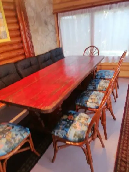 The dining room: the long table and the bench